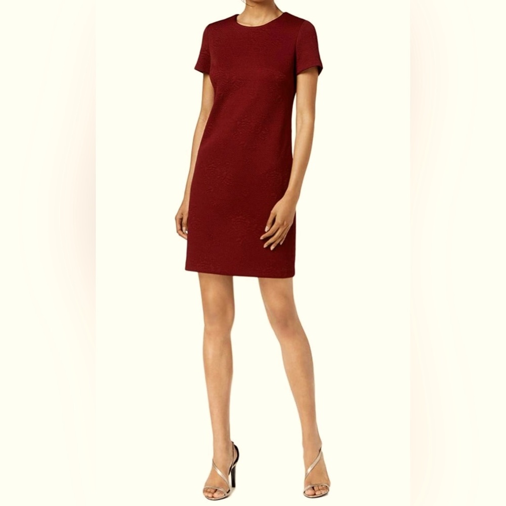 Calvin Klein Women's Petite Short Sleeves Wine Red Shift Dress